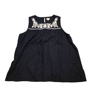 J. Crew Navy Blue W/White Floral Emobroidery Sleeveless Linen Blend Blouse Sz 6